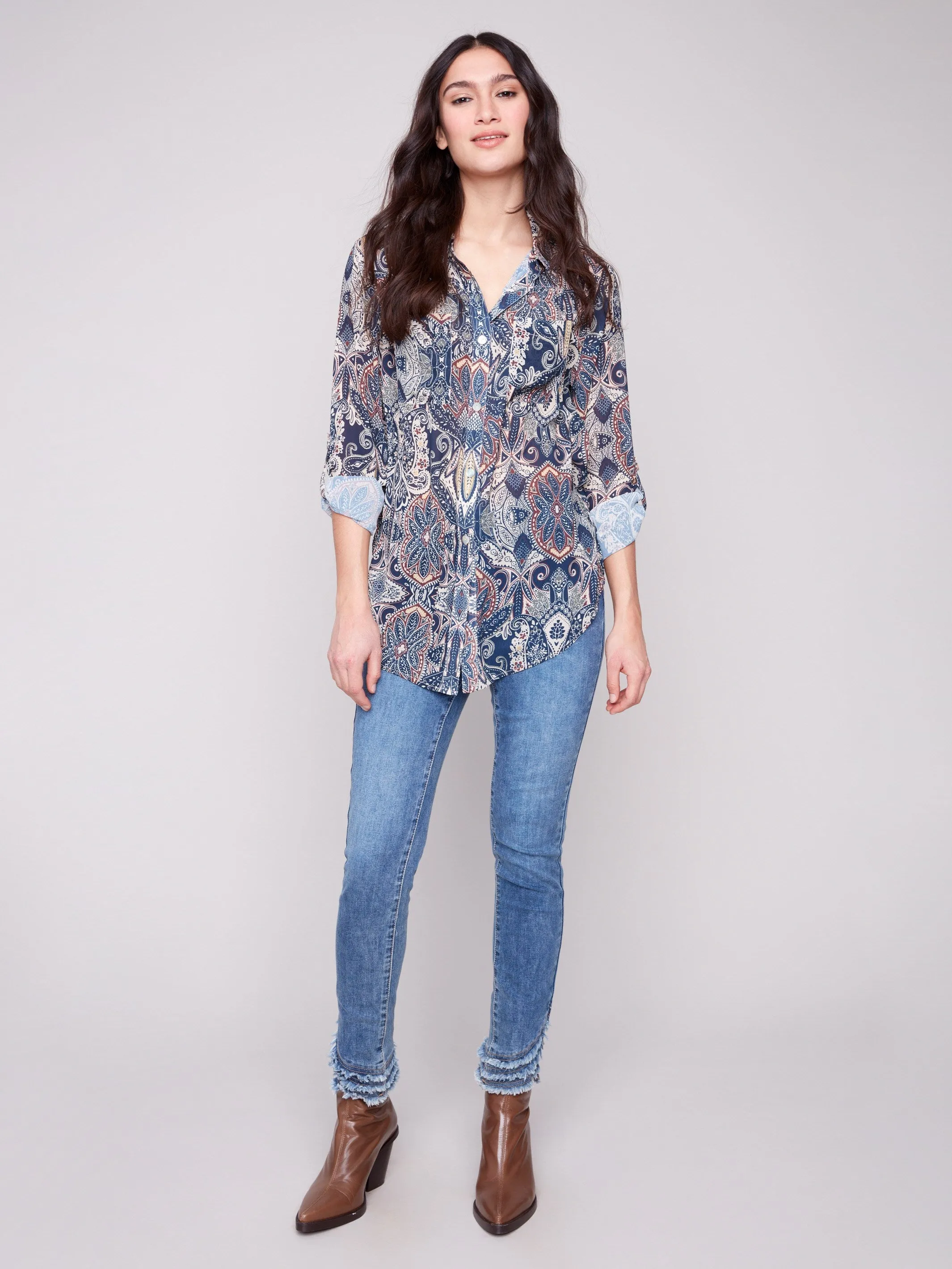 Breezy Design Printed Button-Up Blouse - Jolly