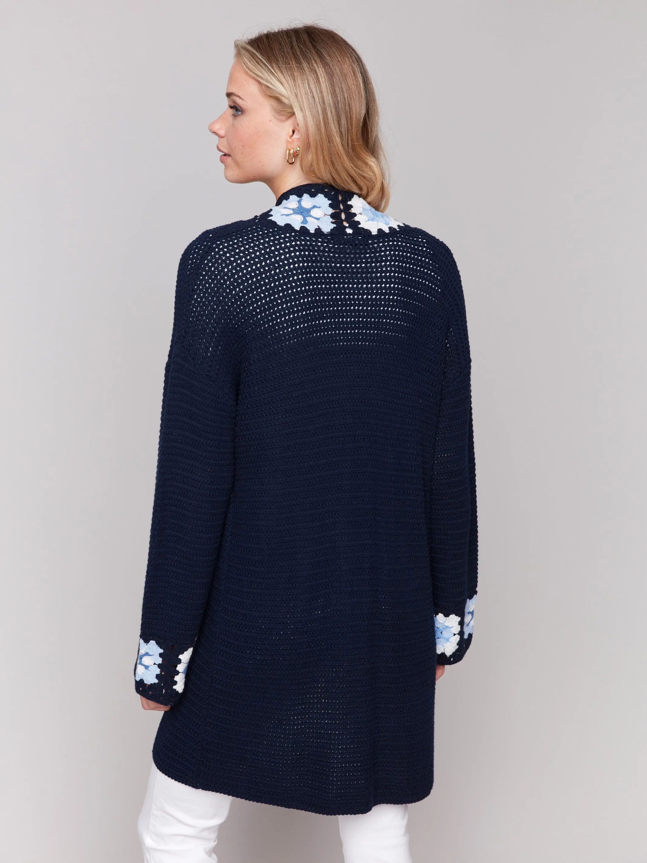 Winter Knitwear Breathable Open Weave Cotton Crochet Border Cardigan - Navy