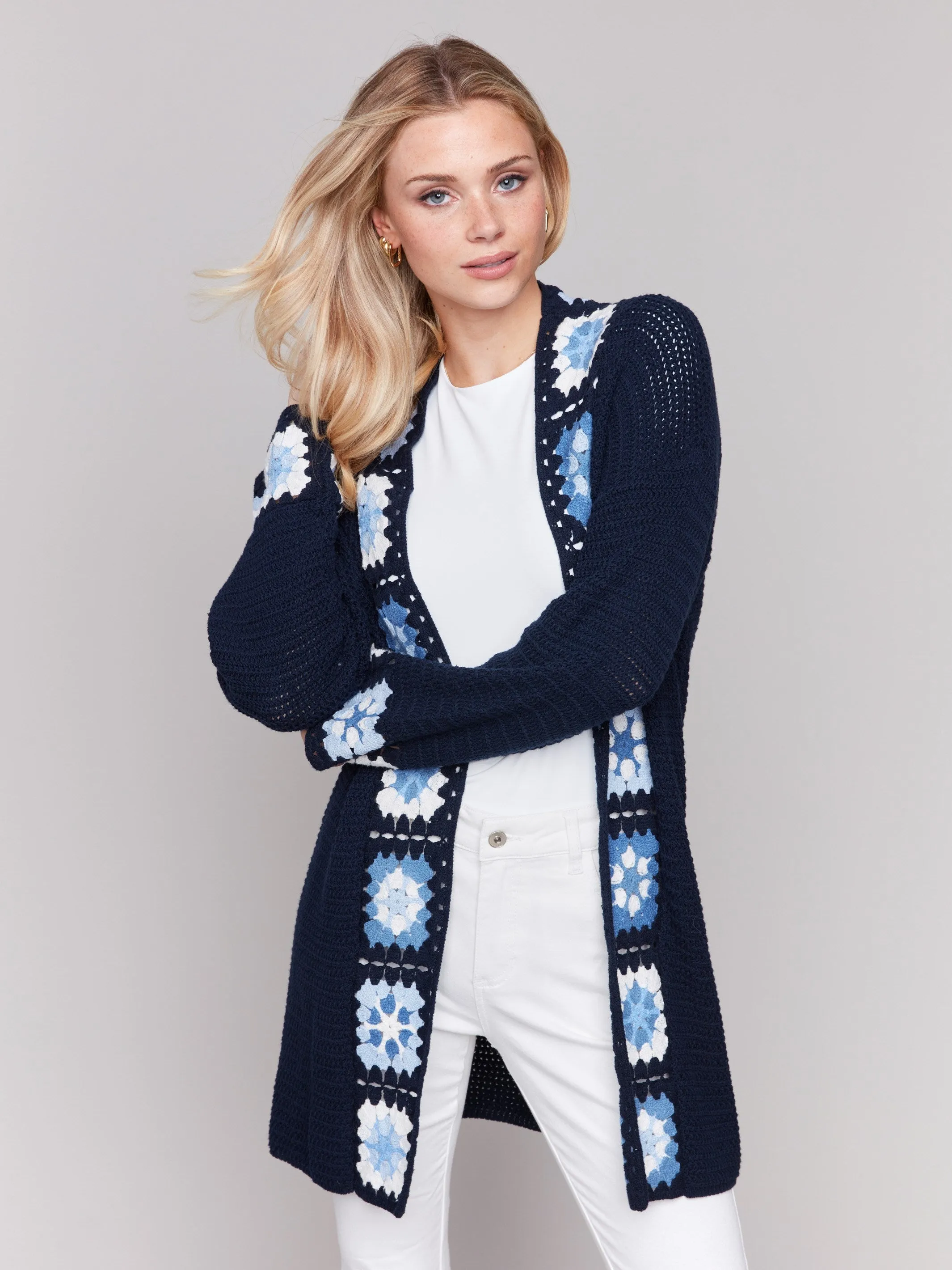 Winter Comfort Wear Cotton Crochet Border Cardigan - Navy