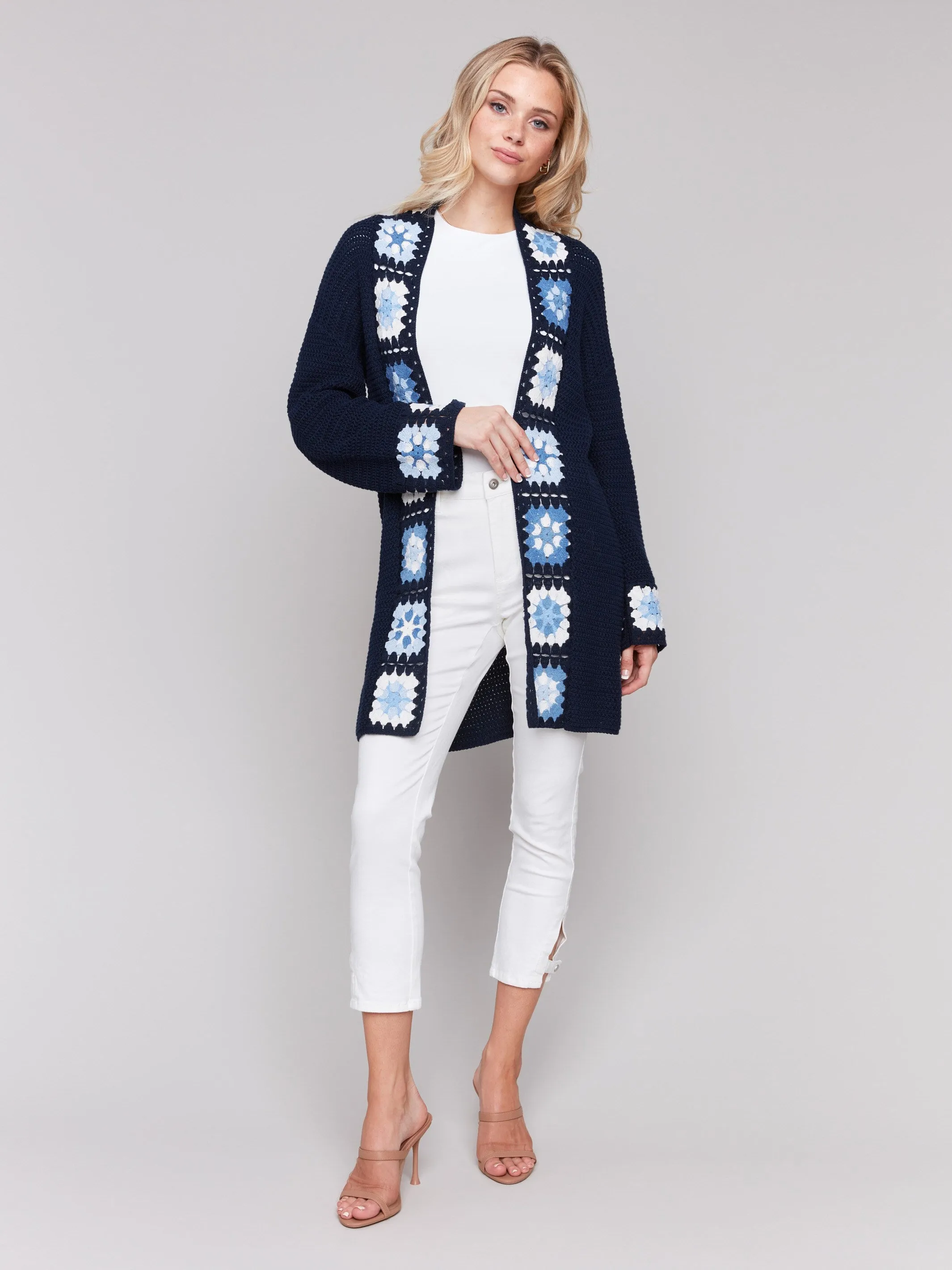 Soft Texture Cozy Look Cotton Crochet Border Cardigan - Navy