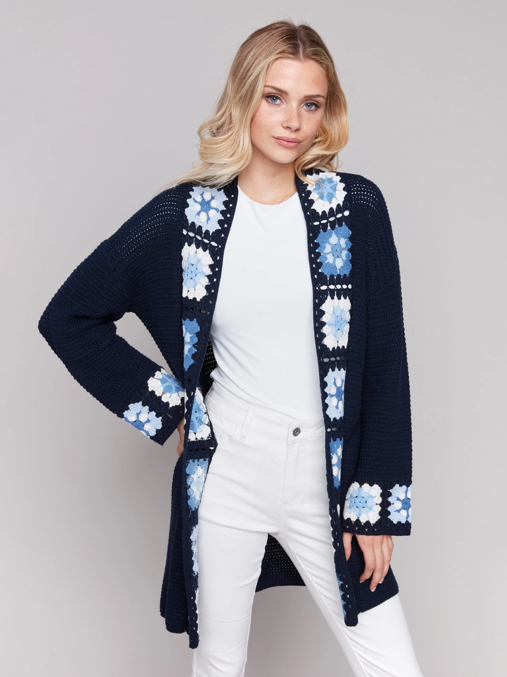 Cotton Crochet Border Cardigan - Navy Perfect for Layering