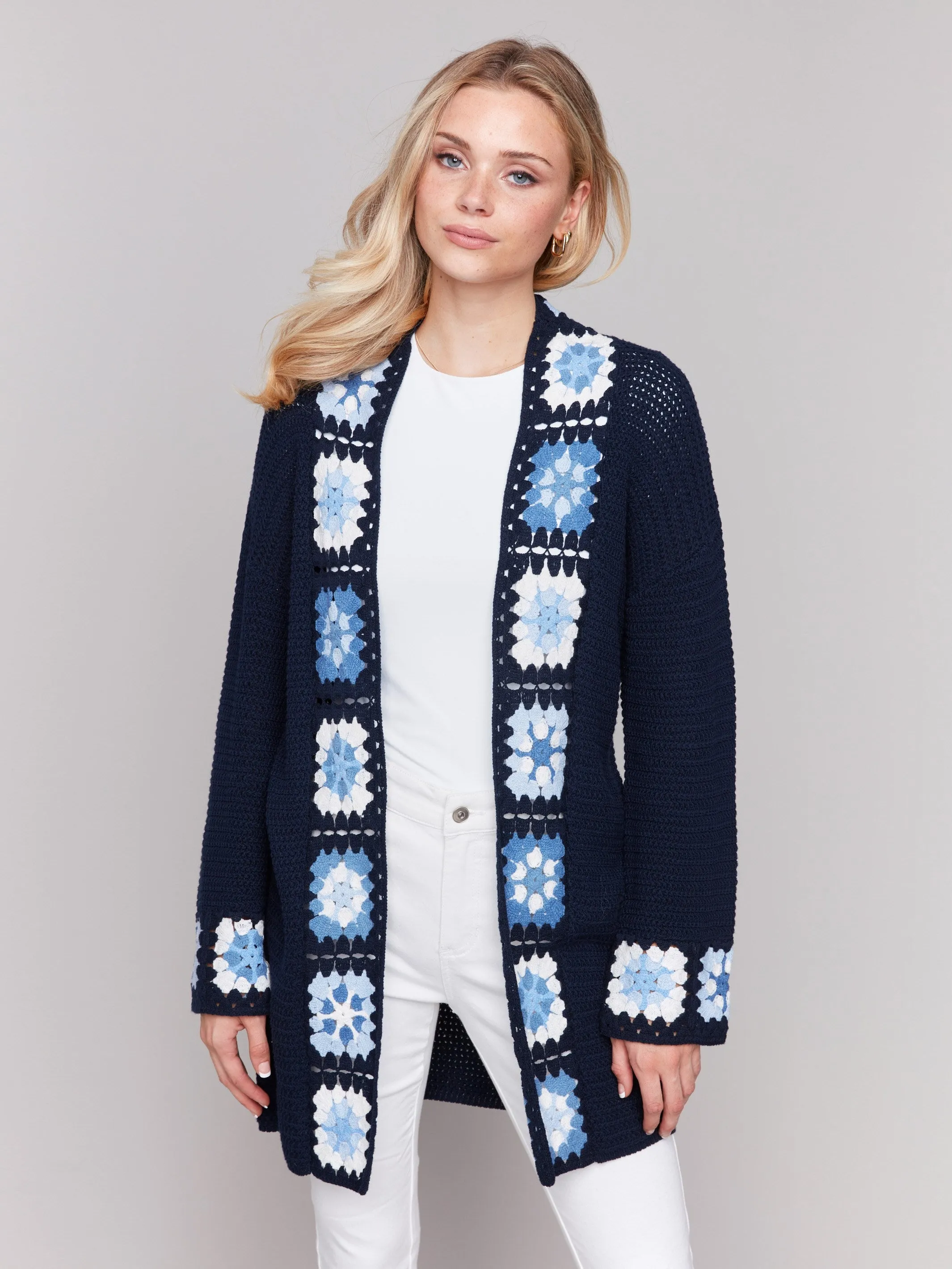 Soft and Stylish Cotton Crochet Border Cardigan - Navy