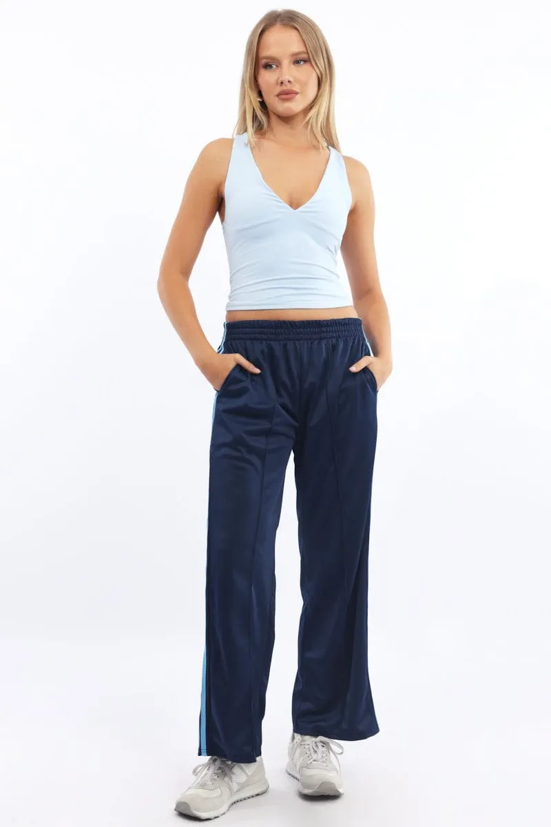 Blue Track Pants Side Stripe Non Tapered Leg TearResistantPanels