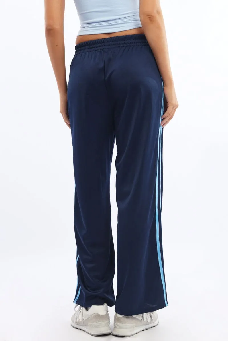 Stretchy Waist Blue Track Pants Side Stripe