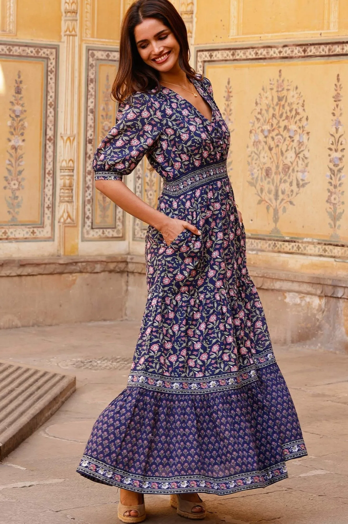 Billie Short Sleeve Organic Cotton Dress | Primrose Stamp Navy/Pink Petal Rain