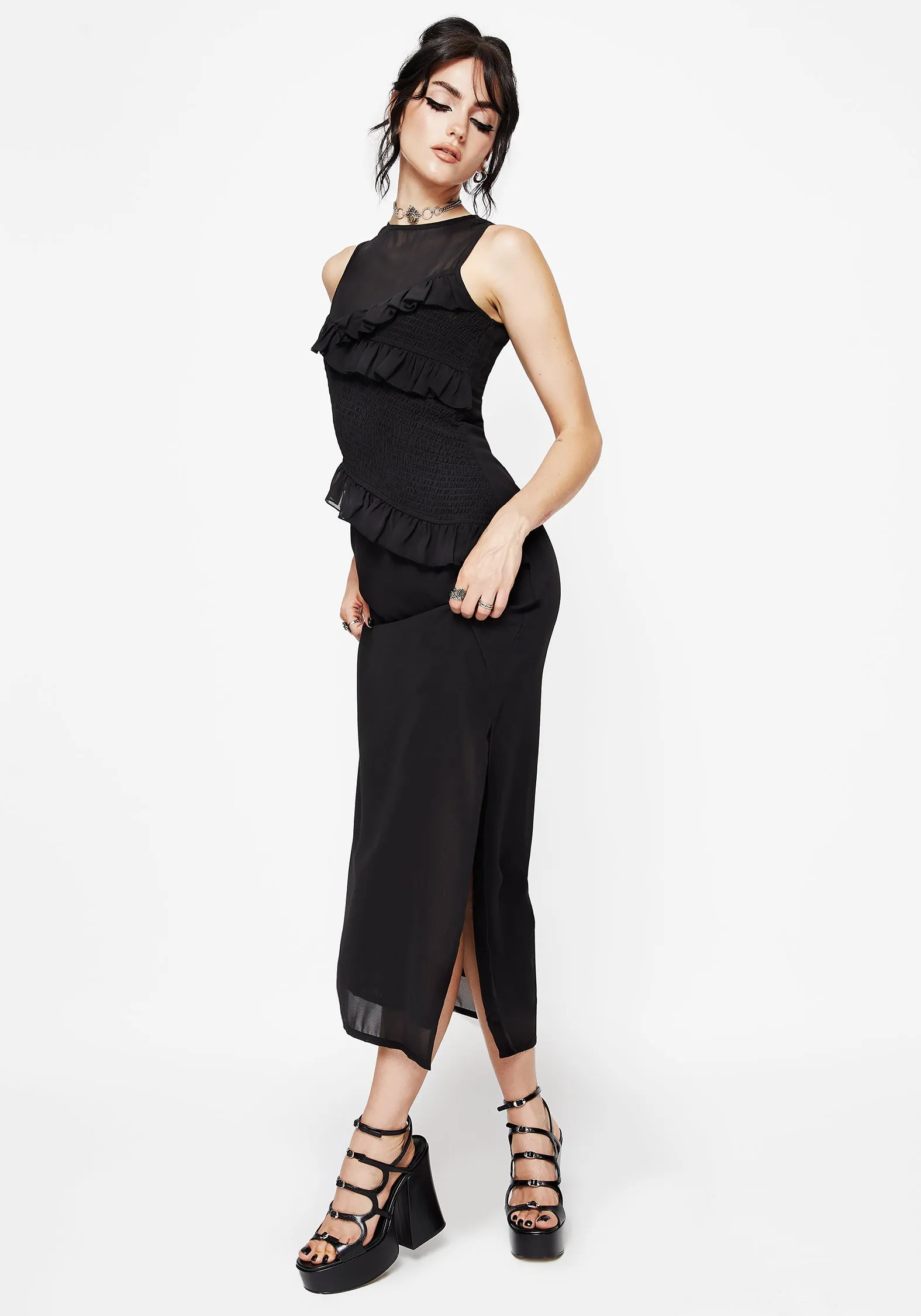 Romantic resort wear Iron Glow Reflections Black Frill Detail Sleeveless Maxi Dress