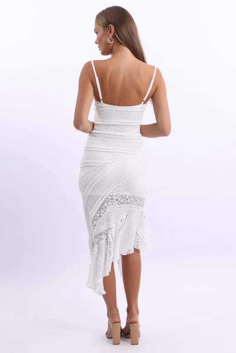White Midi Dress Asymmetric Hem Lace Light Dance