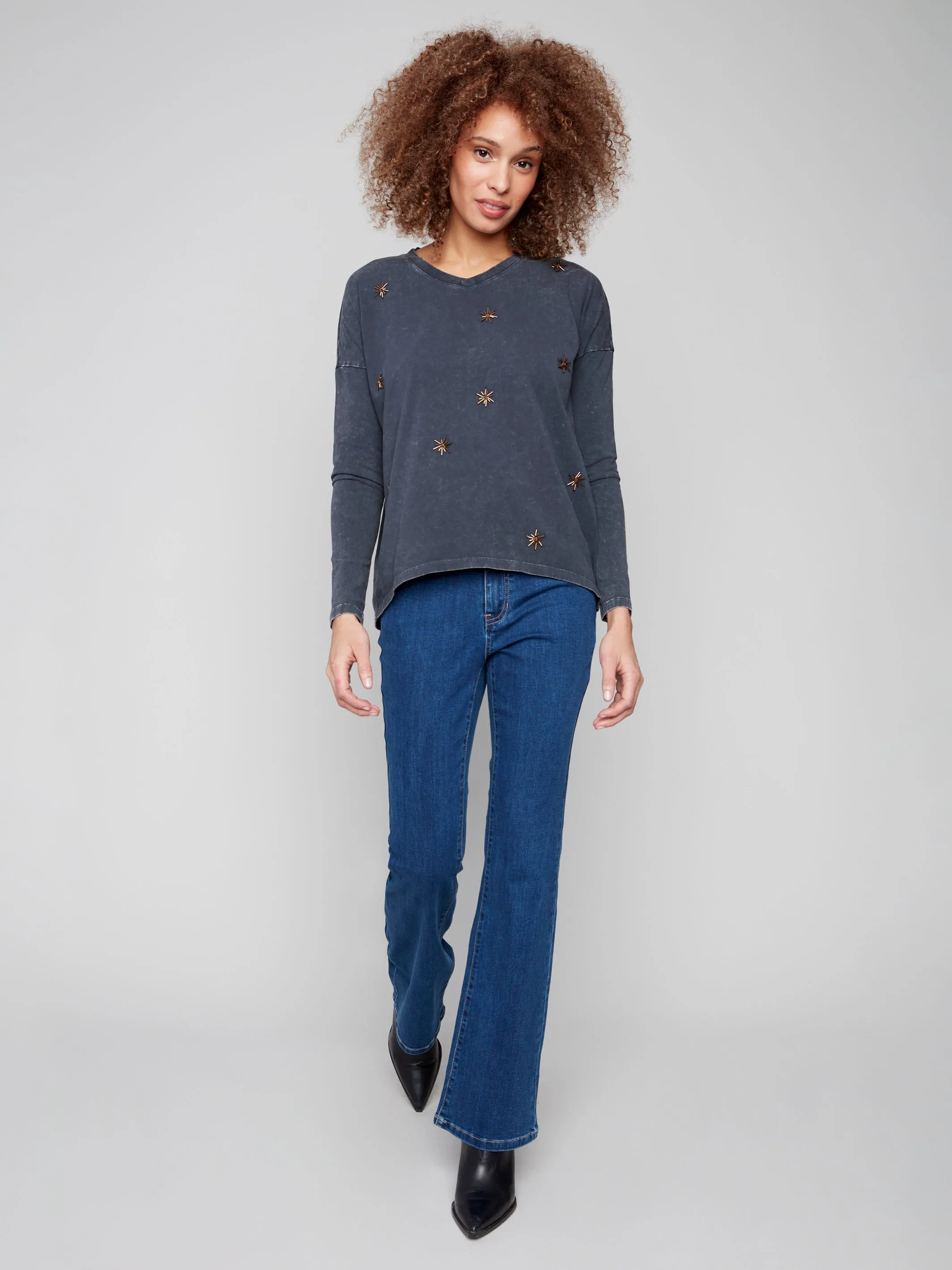 Beaded Vintage Wash V-Neck Knit Top - Charcoal Set In Sleeve