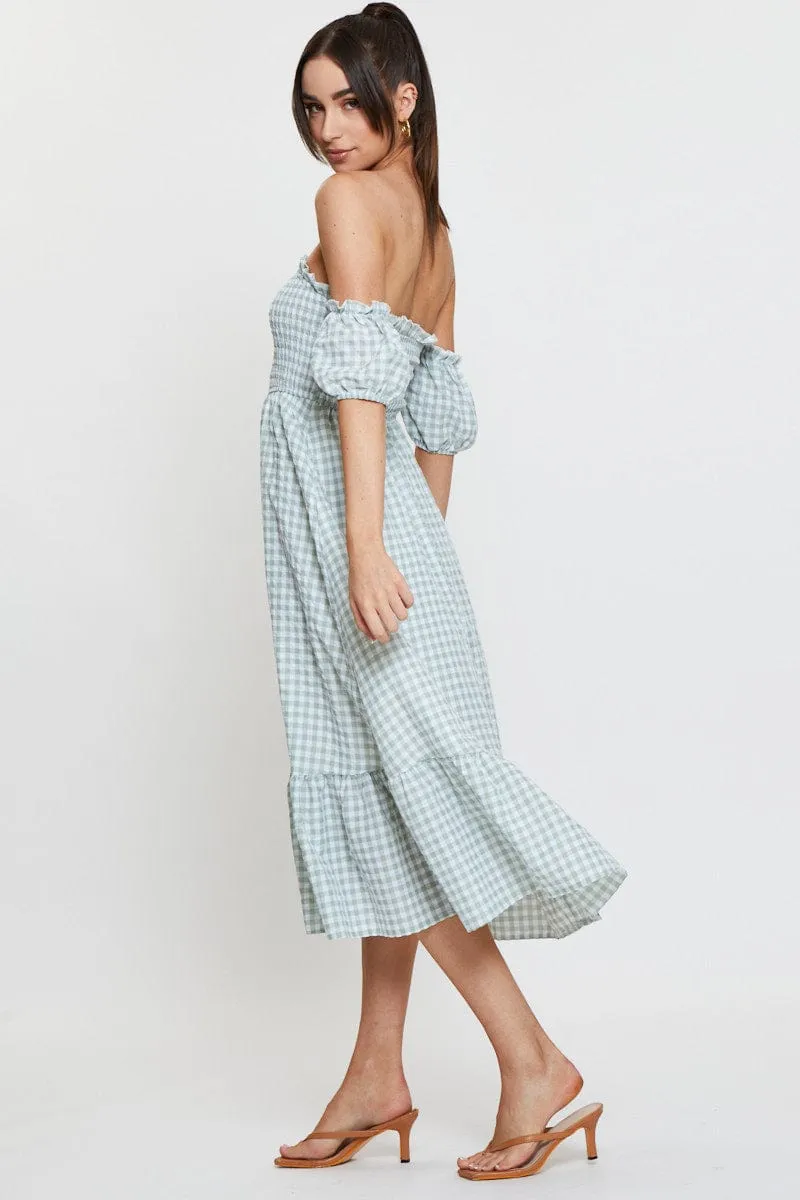 Layering friendly Check Midi Dress Off Shoulder Short Sleeve