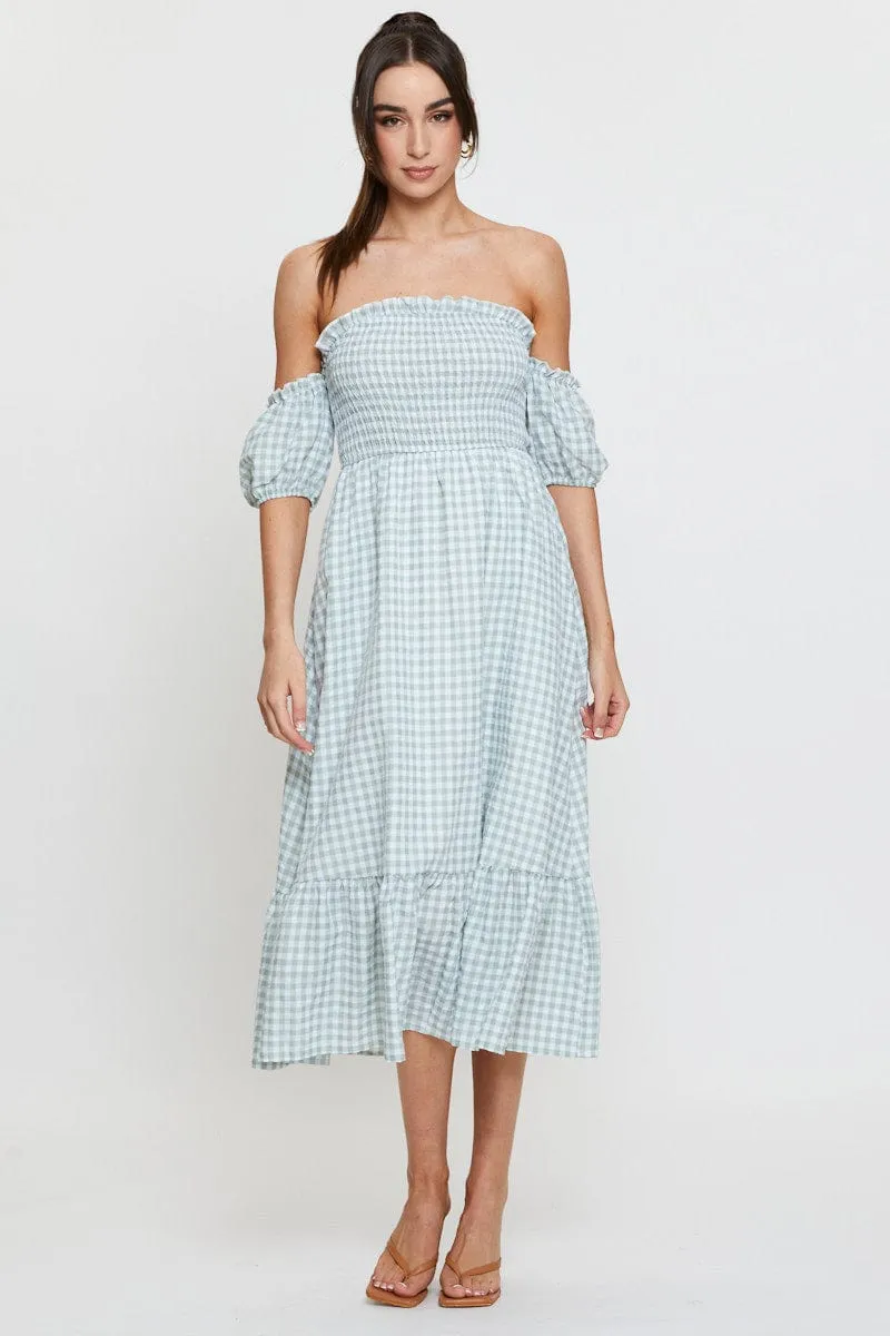 Check Midi Dress Off Shoulder Short Sleeve Leaf Song Rose Garden