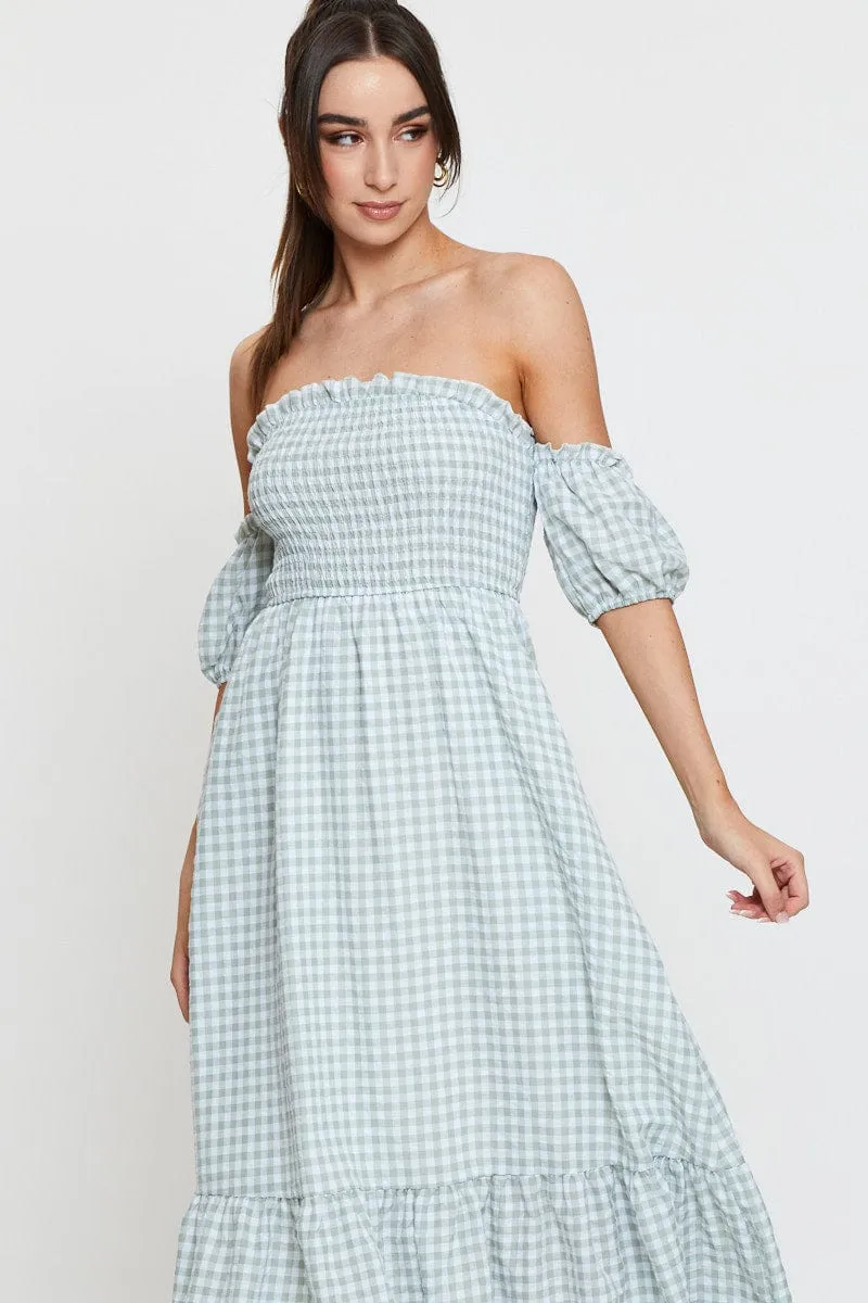 Check Midi Dress Off Shoulder Short Sleeve Flowy mid-length piece
