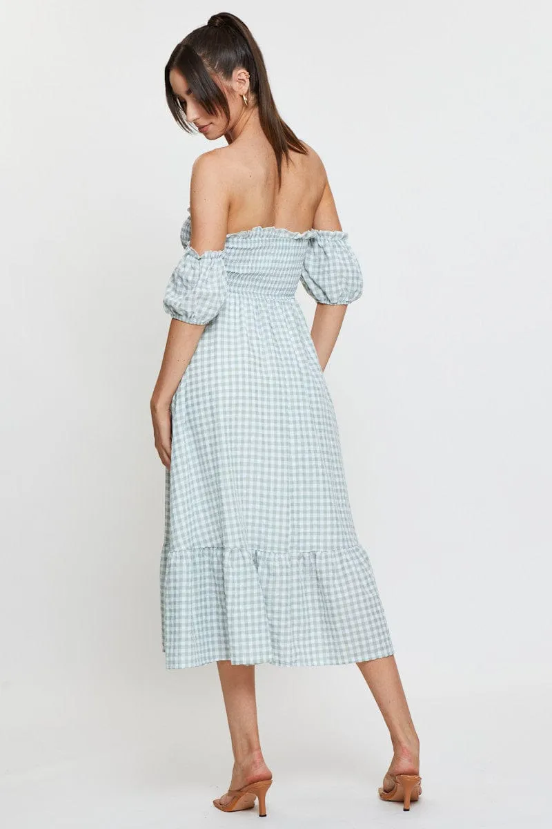 Check Midi Dress Off Shoulder Short Sleeve Air Float Frost Light