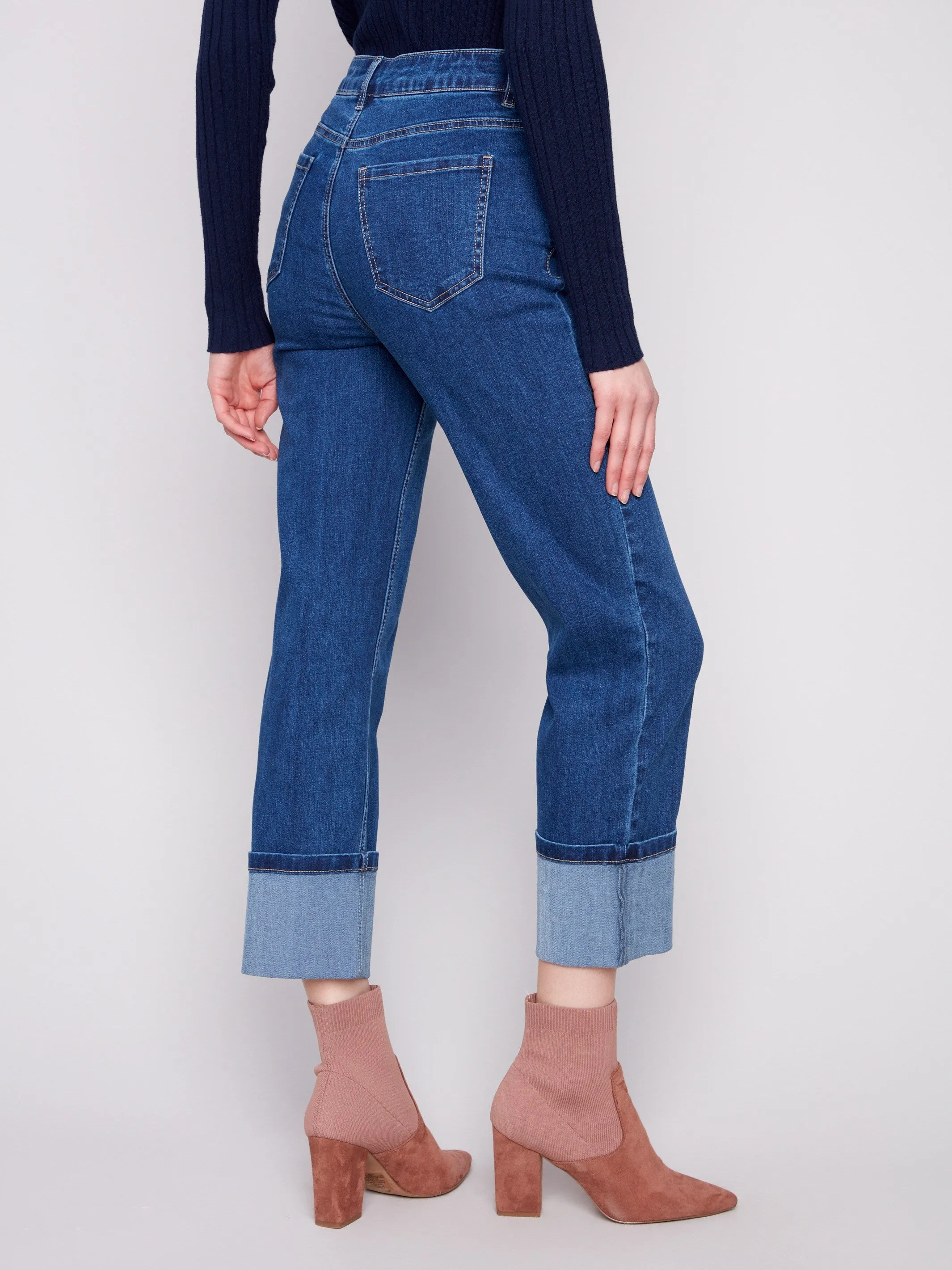 Wide Cuff Straight Leg Jeans - Indigo Minimalist Weekend Getaway Casual