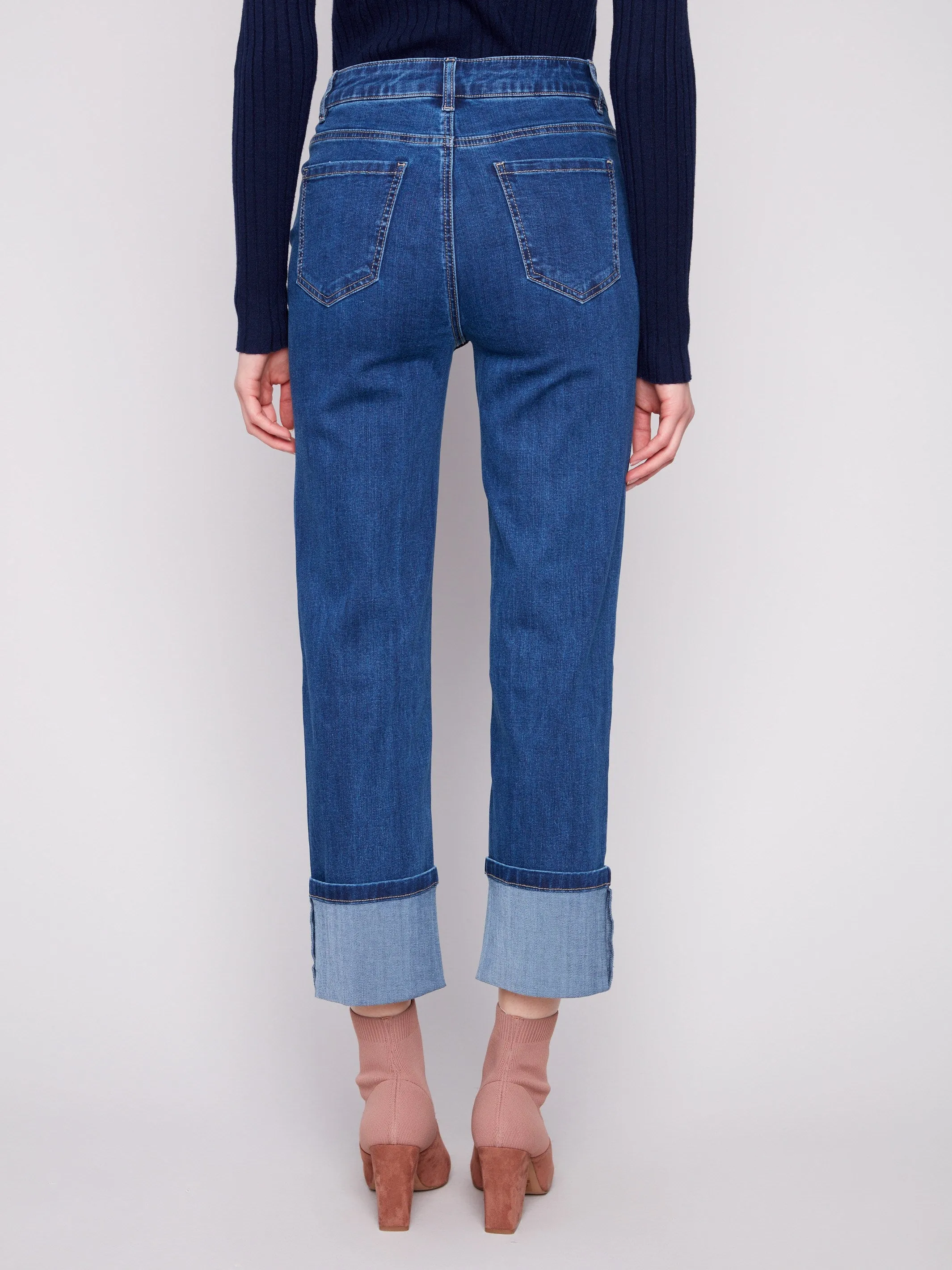 Perfect Basic Smooth Lightweight Wide Cuff Straight Leg Jeans - Indigo