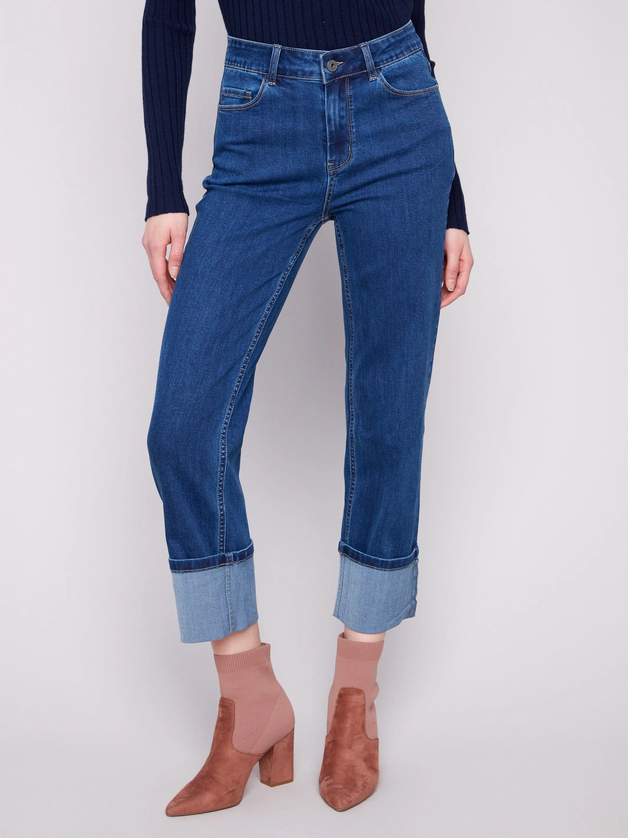 Work Meeting Casual Built For Life Wide Cuff Straight Leg Jeans - Indigo