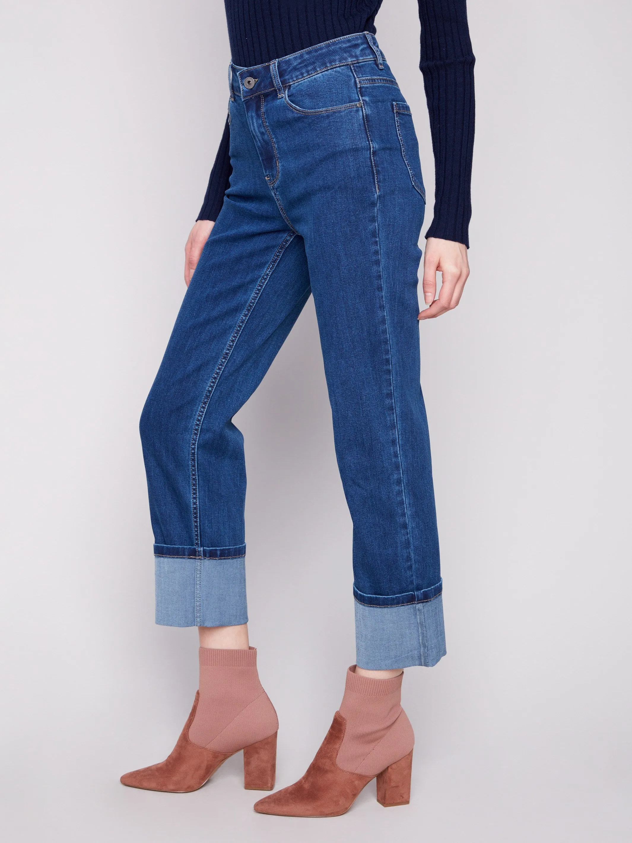 Wide Cuff Straight Leg Jeans - Indigo Regular Look Simple Choice