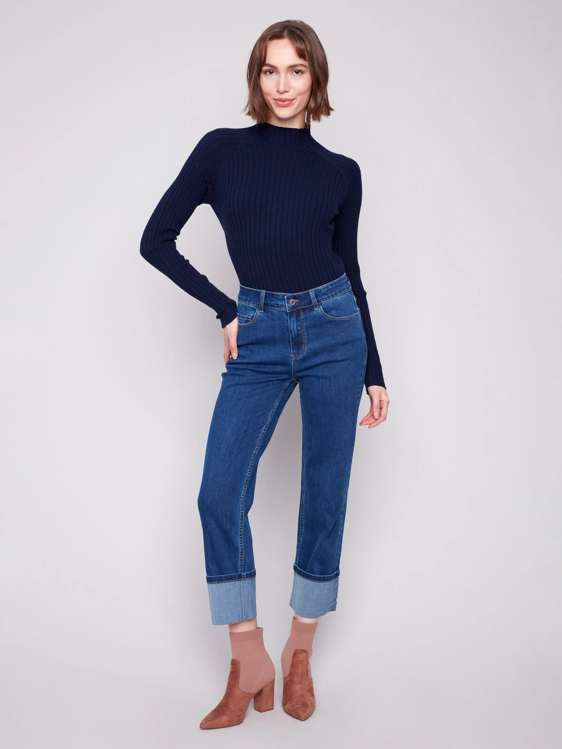 Neutral Outfit Piece Wide Cuff Straight Leg Jeans - Indigo