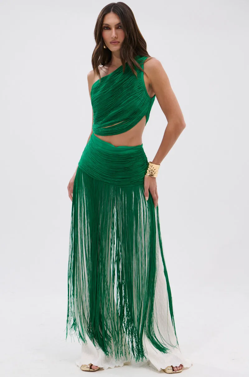 GINA SINGLE SHOULDER FRINGE TOP IN KELLY GREEN Quick Wear Reinforced Hem