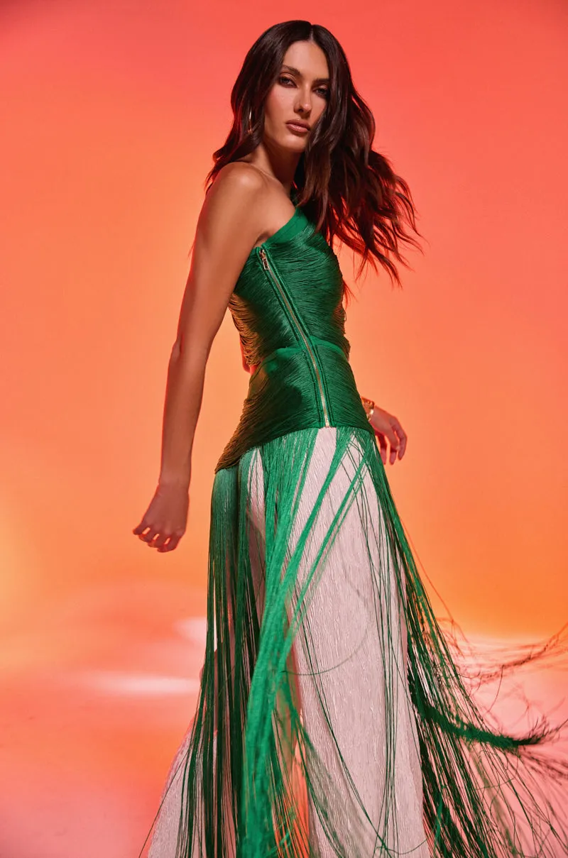 GINA SINGLE SHOULDER FRINGE TOP IN KELLY GREEN suitable for scientists