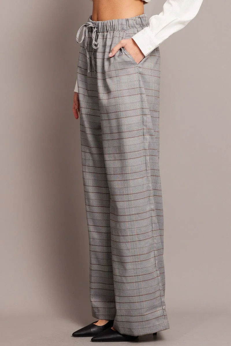 Grey Check Wide Leg Pants Elastic Waist Versatile Comfort Non Clip