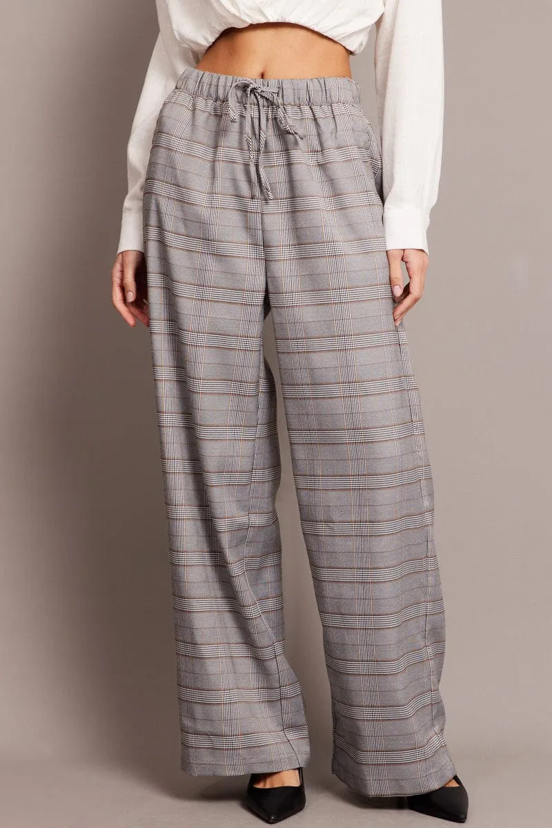 Grey Check Wide Leg Pants Elastic Waist Perfectly Relaxed Light Fabric