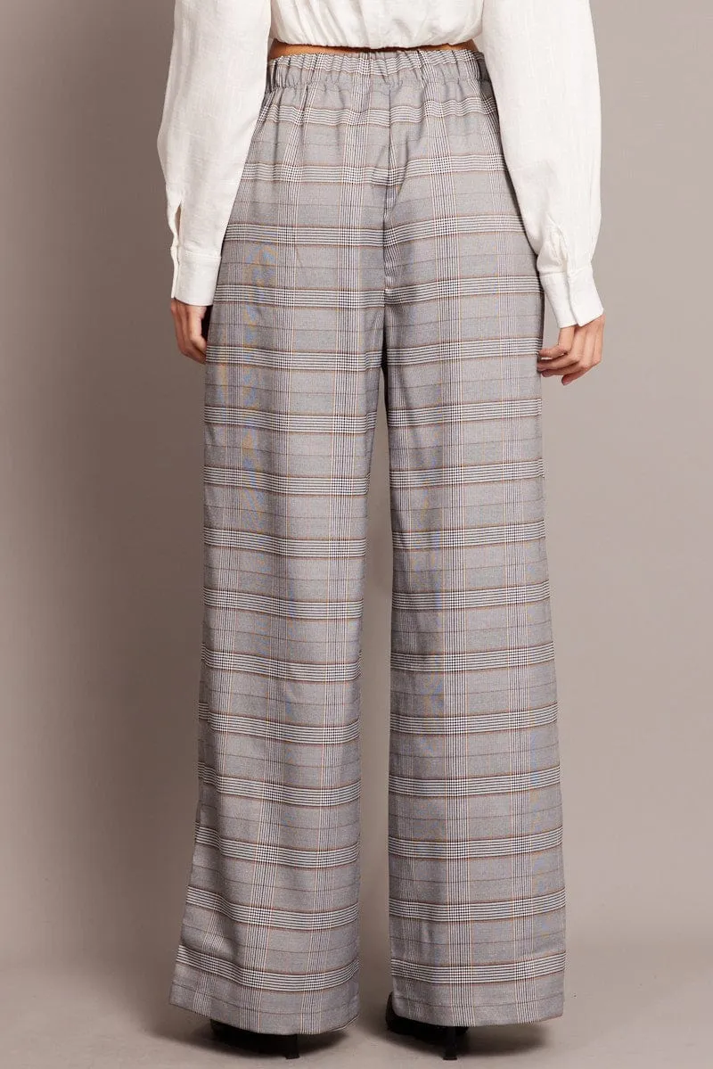 Grey Check Wide Leg Pants Elastic Waist Trendy Comfort Trendy Look