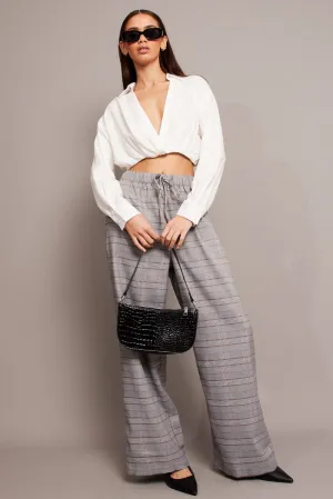 Grey Check Wide Leg Pants Elastic Waist FadeResistant Modern Design