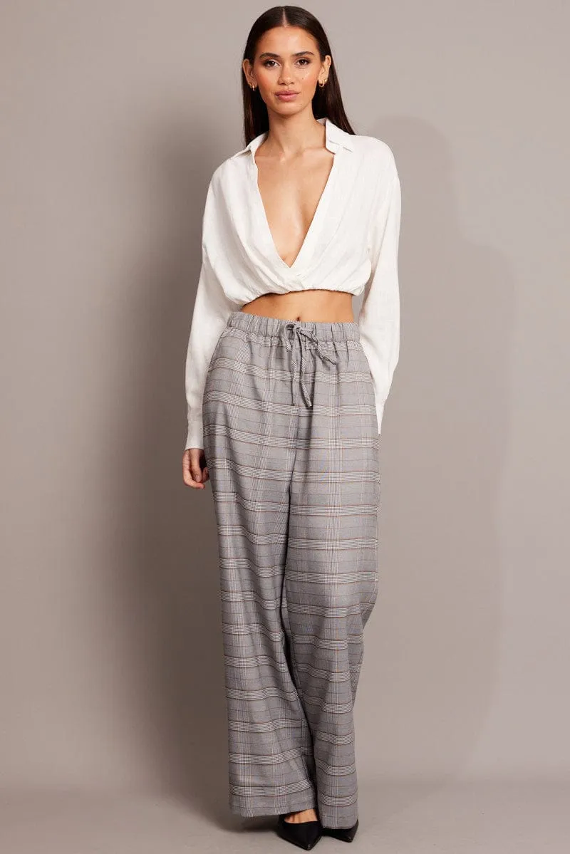 Grey Check Wide Leg Pants Elastic Waist FlexibleMobilityDesign Core Ease