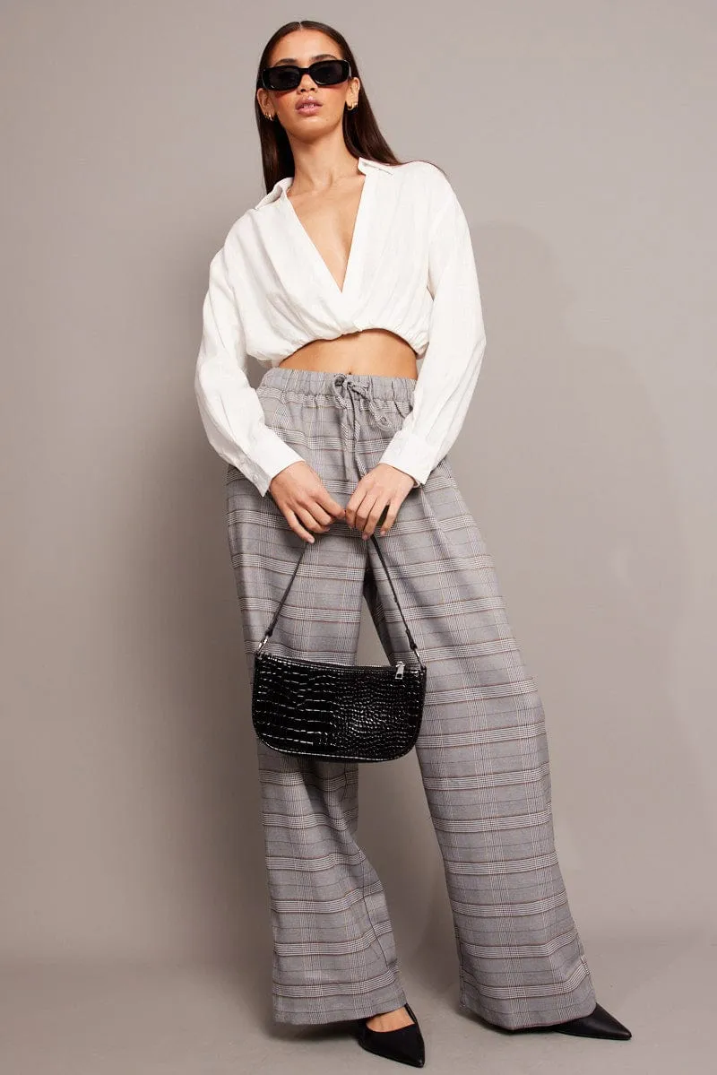 Grey Check Wide Leg Pants Elastic Waist FadeResistant Modern Design