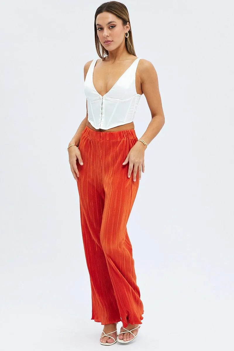 Chilly Day Wear Moisture wicking Orange Plisse Pants Wide Leg High Rise