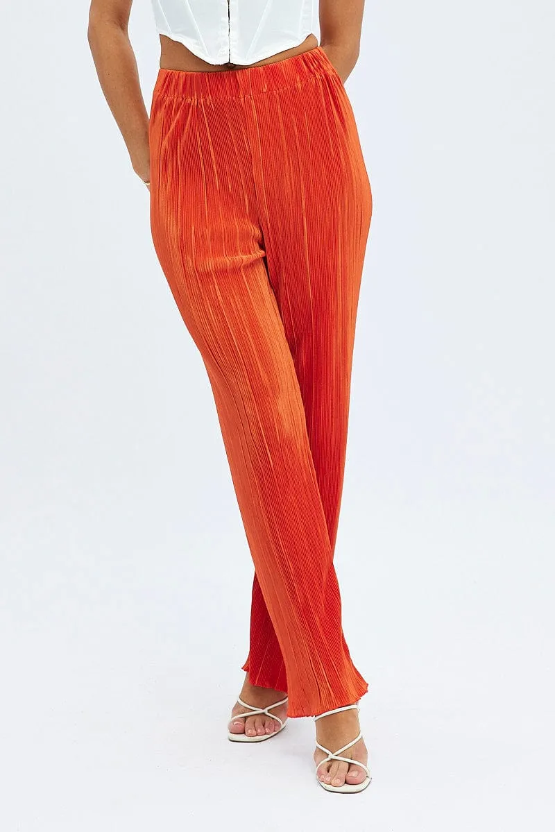 Orange Plisse Pants Wide Leg High Rise Cropped hem