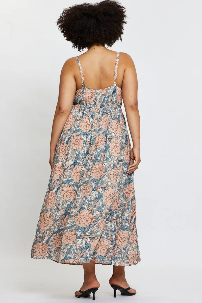 Silk Glow Floral Print Maxi Dress V-neck Sleeveless