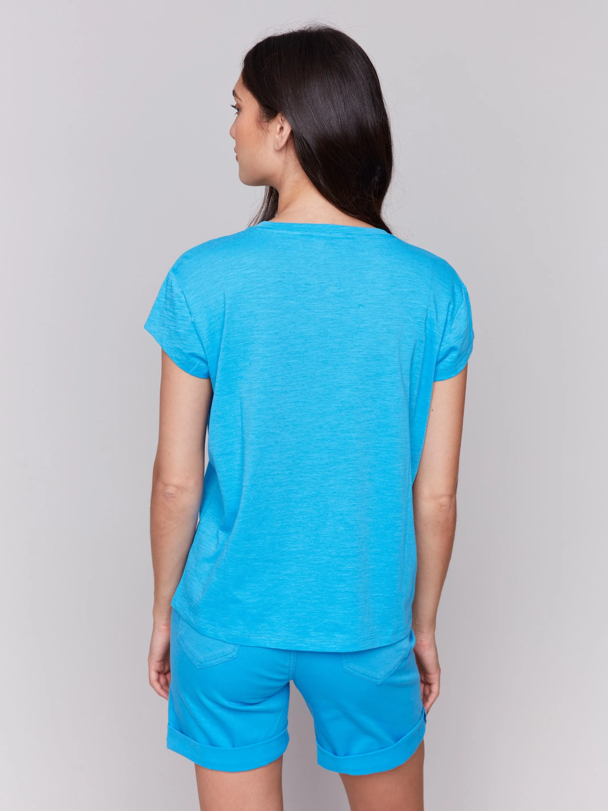 soft fit Organic Cotton Cap Sleeve T-Shirt with Slit Detail - Lagoon