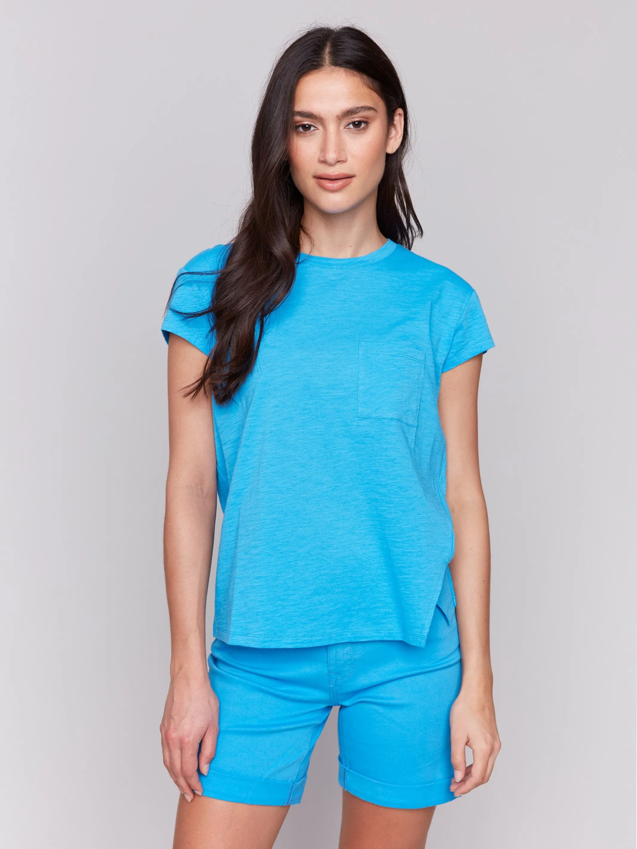 Organic Cotton Cap Sleeve T-Shirt with Slit Detail - Lagoon Flexible Ribbed Cuffs Bold Look
