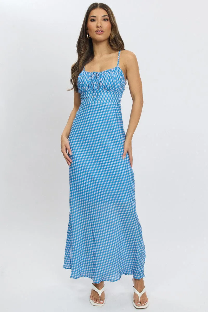 subtle style Opera Hall Blue Check Midi Dress Gathering Bust Sleeveless