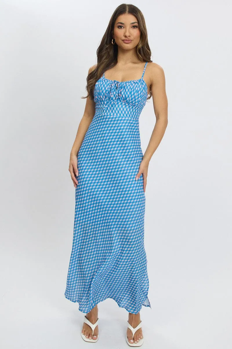 Blue Check Midi Dress Gathering Bust Sleeveless Stylish Casual Simple and timeless piece