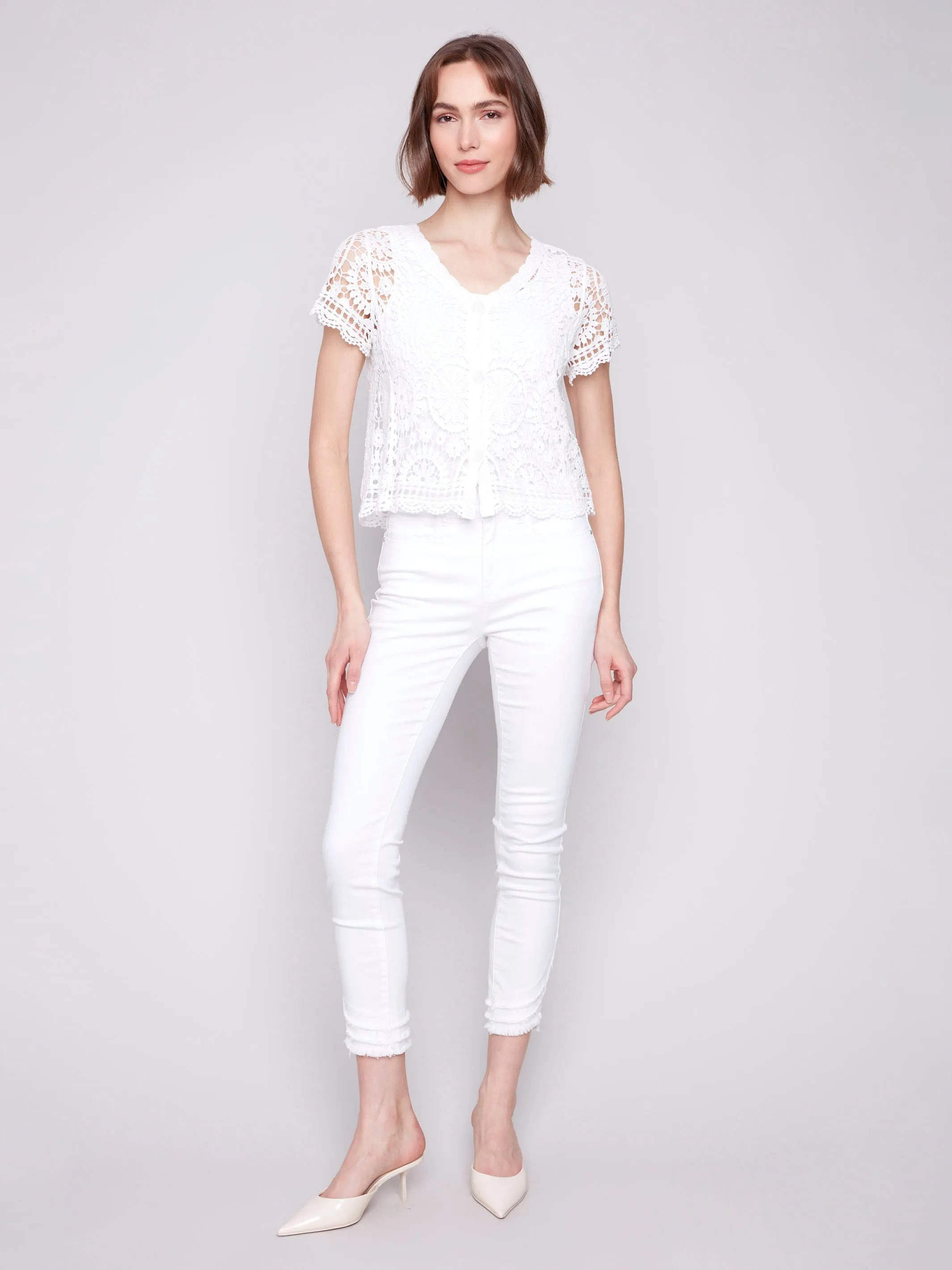 Short Sleeve Crochet Bolero Cardigan - White Classic Knit Warm Knit Design