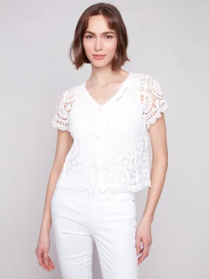 Elastic hem Short Sleeve Crochet Bolero Cardigan - White