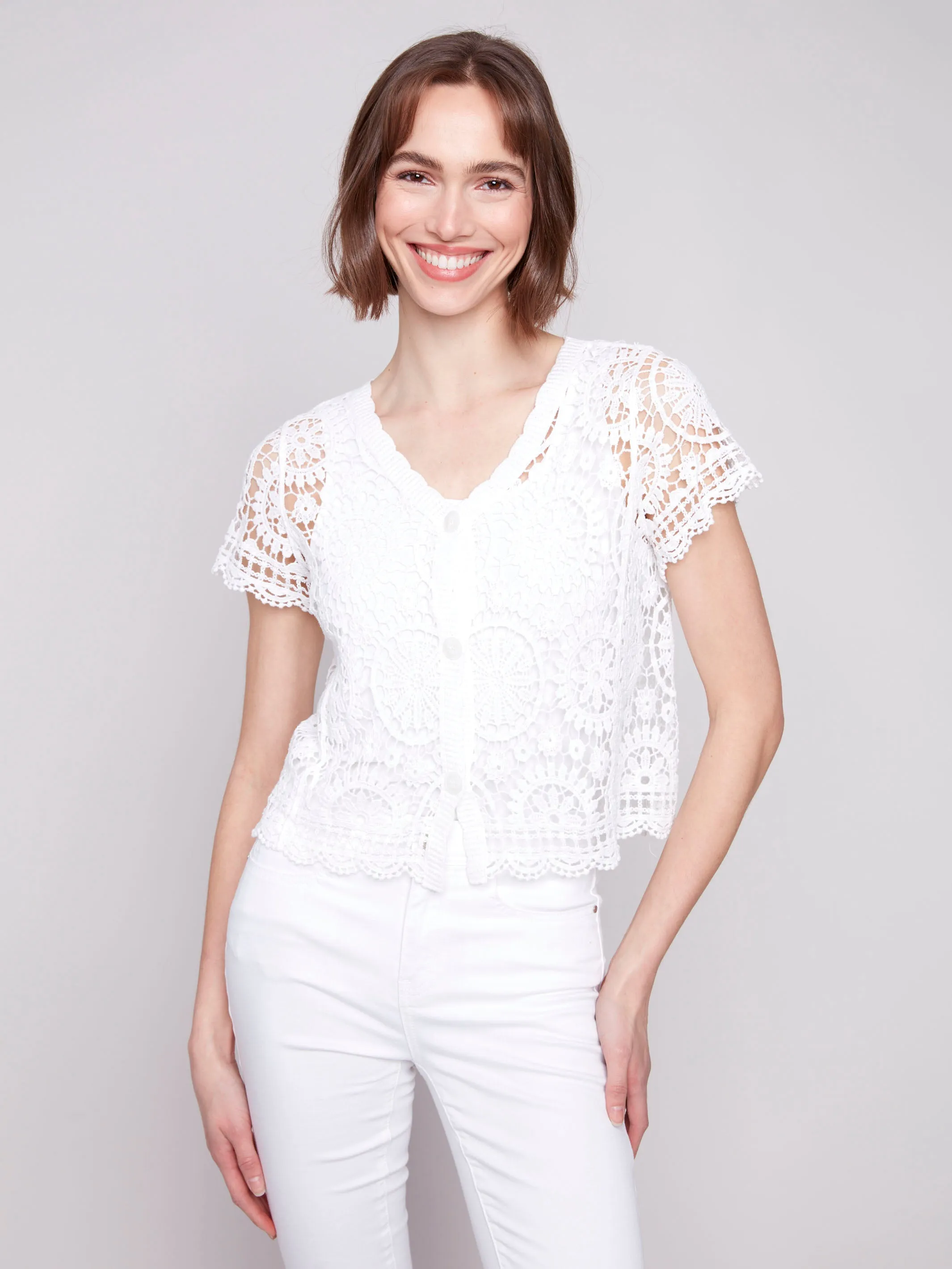 Short Sleeve Crochet Bolero Cardigan - White Simple Knitwear