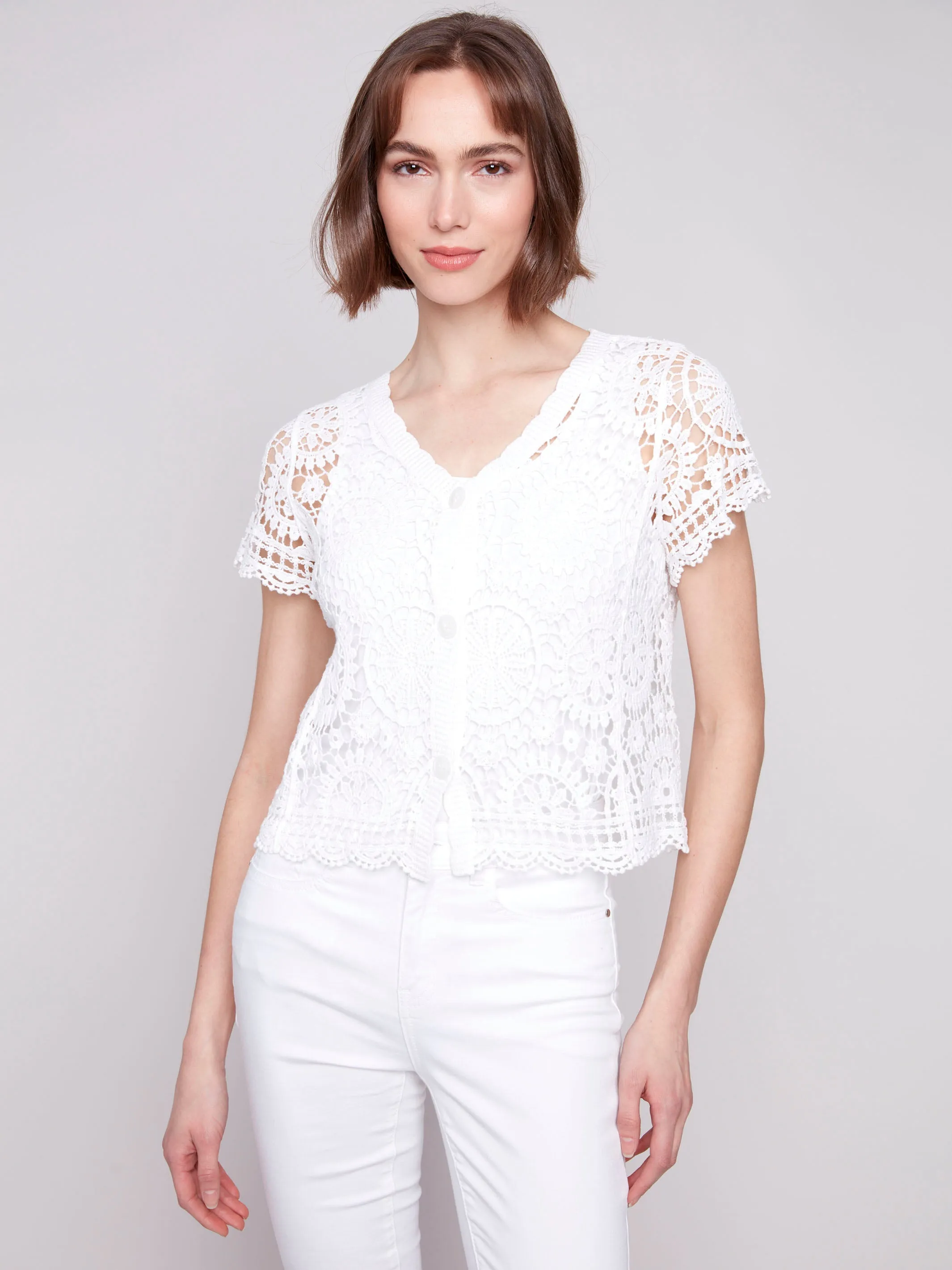 Elastic hem Short Sleeve Crochet Bolero Cardigan - White