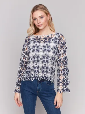 Temperature Regulating Fibers Cotton Blend Crochet Top - Denim