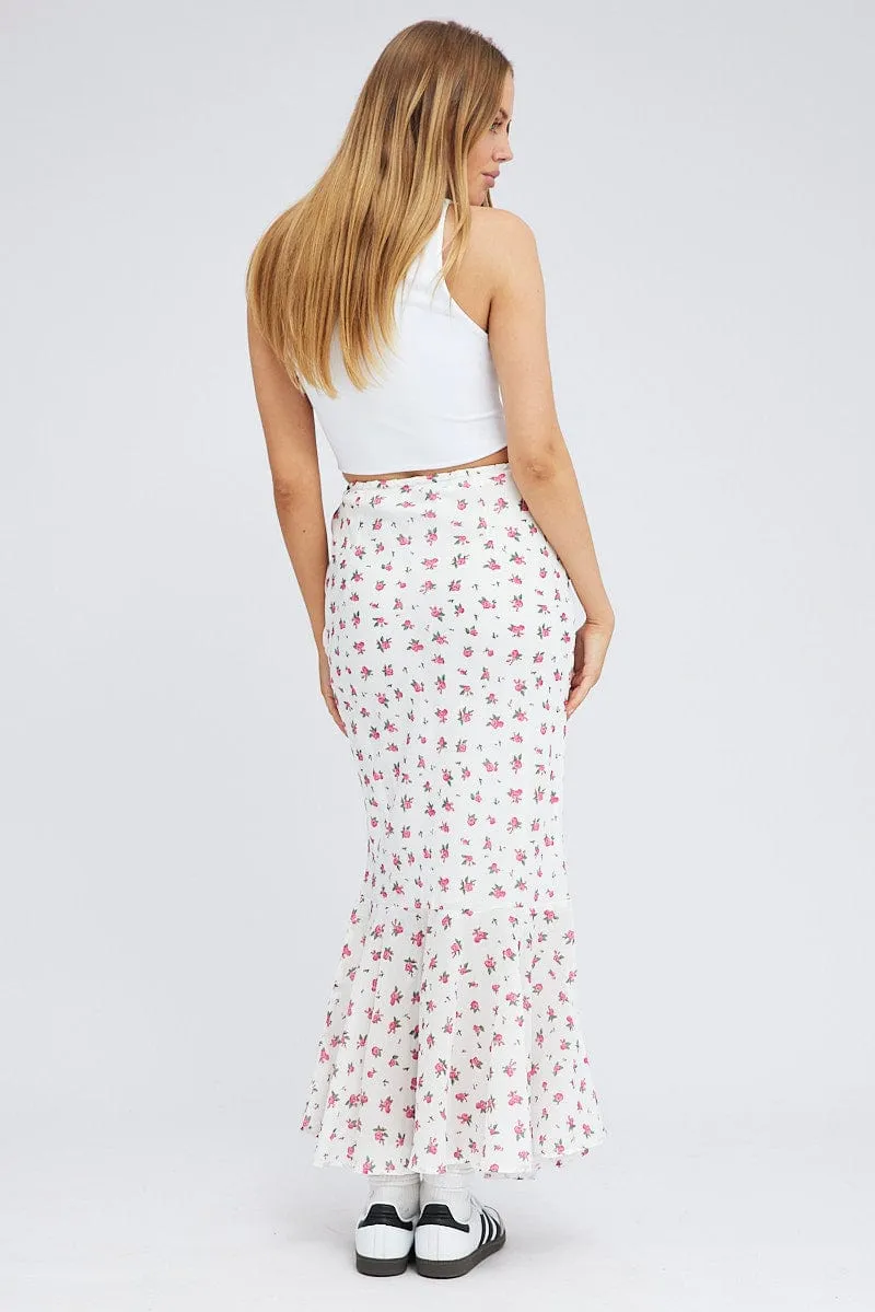 White Floral Maxi Skirt High Waist Fit & Flare Elastic Waist Machine washable