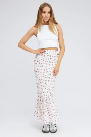 Weekend Vibes White Floral Maxi Skirt High Waist Fit & Flare Elastic Waist
