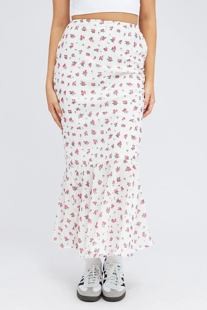 White Floral Maxi Skirt High Waist Fit & Flare Elastic Waist Seamless construction Sleek Appeal