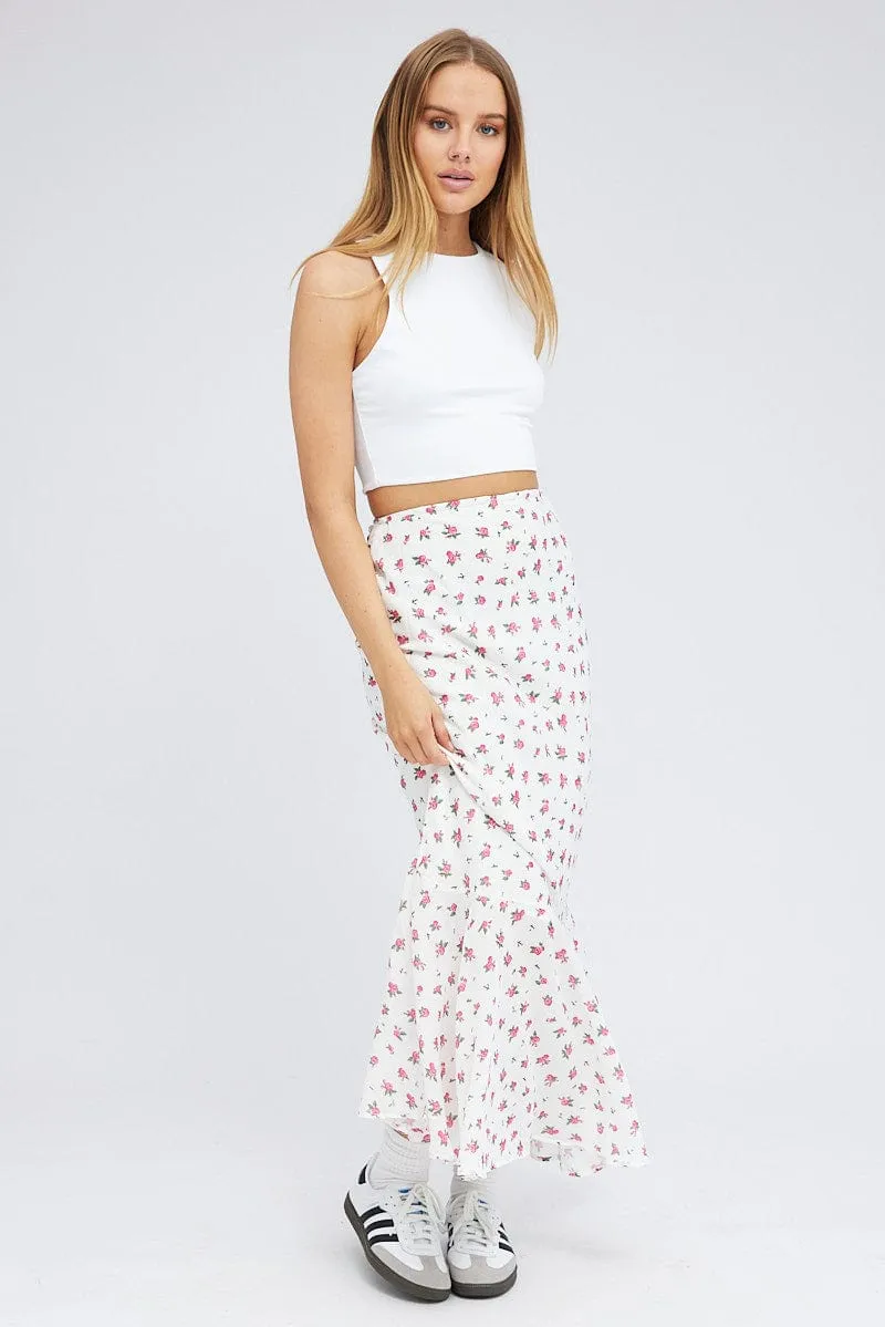 Adjustable drawstring White Floral Maxi Skirt High Waist Fit & Flare Elastic Waist