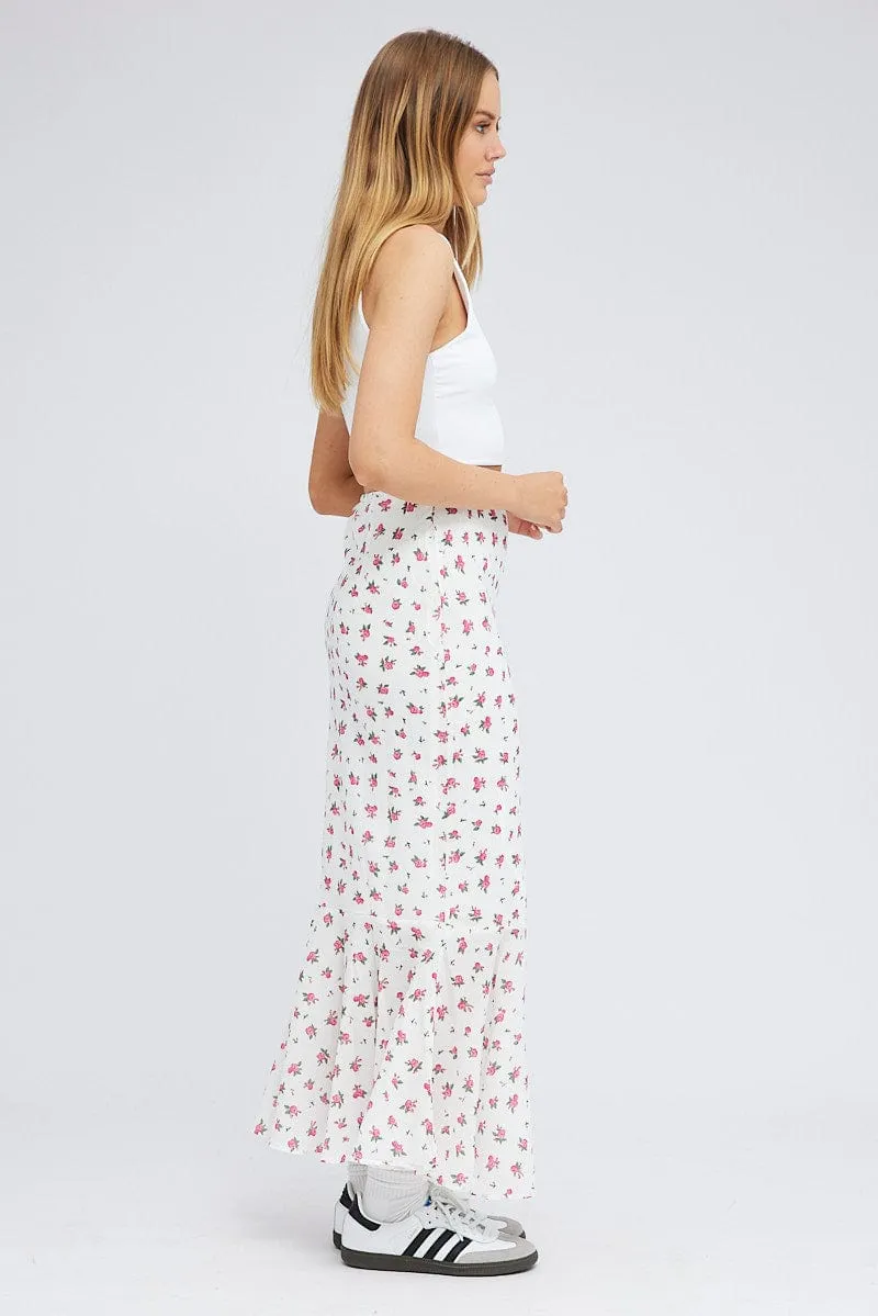 Runway Inspired White Floral Maxi Skirt High Waist Fit & Flare Elastic Waist