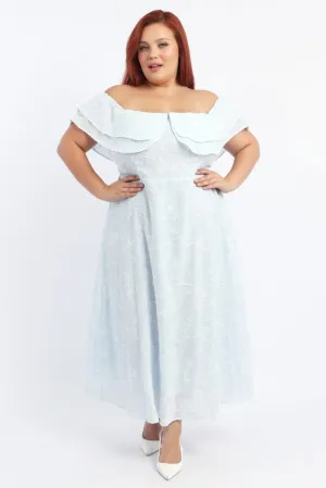 Blue Maxi Dress Off Shoulder Ruffle Beige Glow