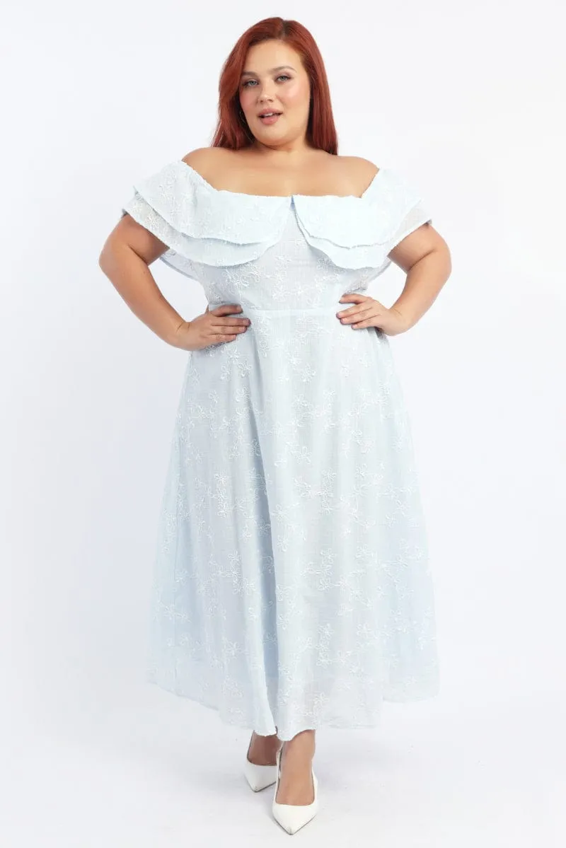 Blue Maxi Dress Off Shoulder Ruffle Beige Glow