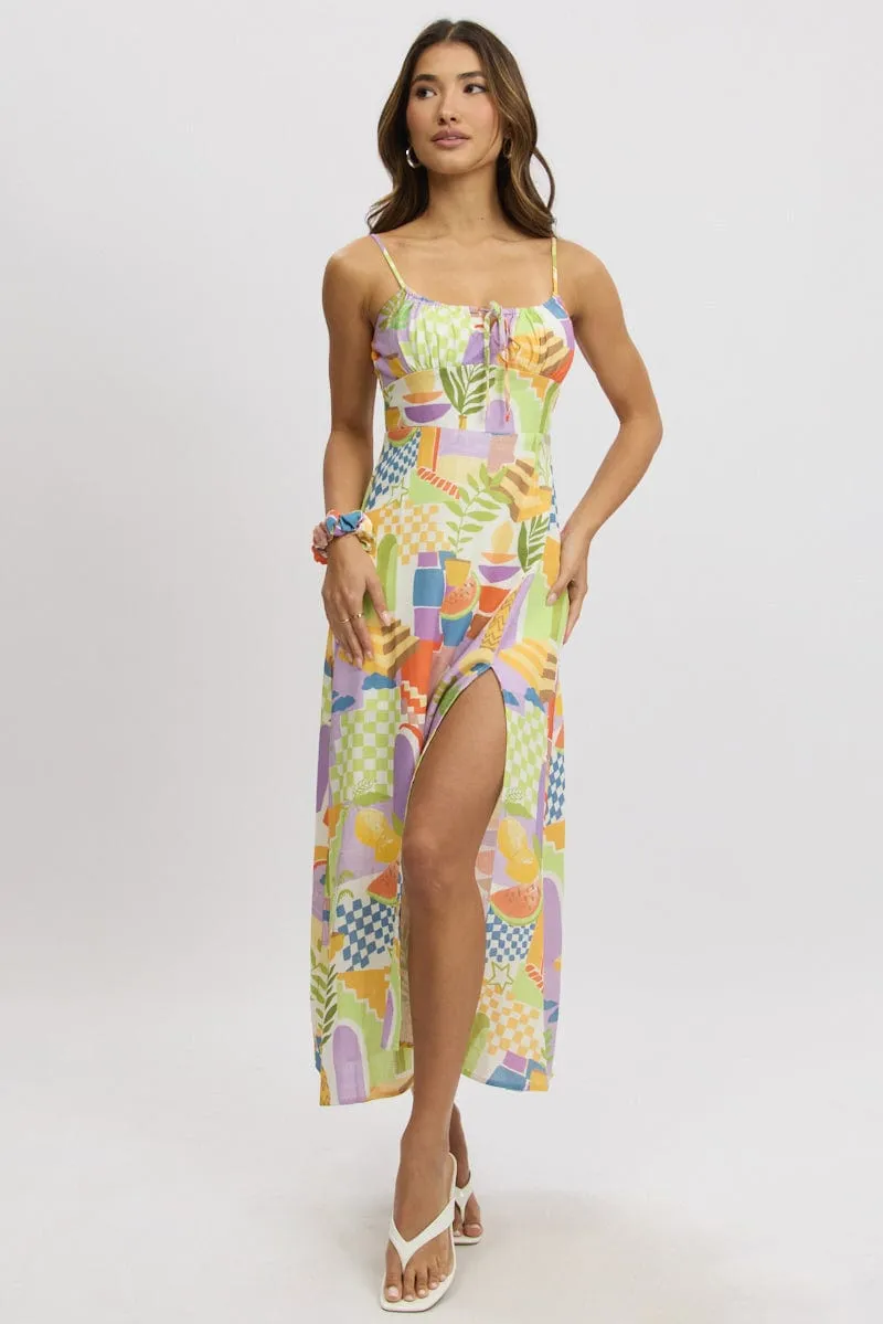 Multi Abstract Midi Dress Gathered Bust Chorus Night Toast Time
