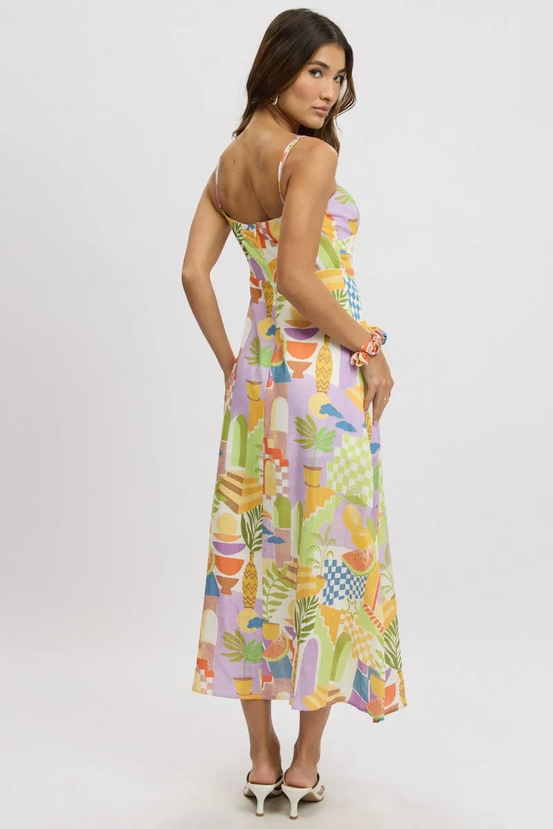 Field Glow Music Hall Multi Abstract Midi Dress Gathered Bust